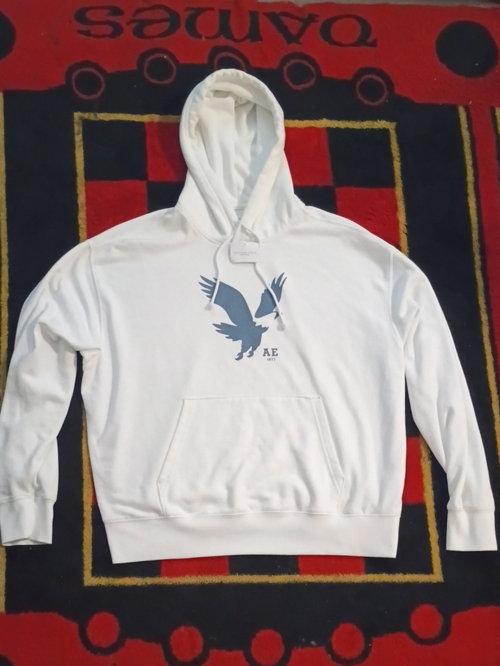 American Eagle Outfitters White Hoodie with Navy Eagle Logo - Men's Sweater
